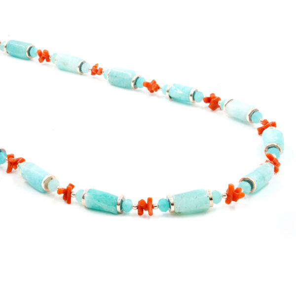 Necklace with amazonite, coral, hematite, sterling silver clasp – Rose Color