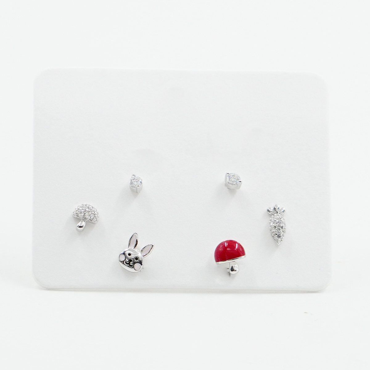 Sterling Silver Earrings Set rabbit, fungus, carrot, zircon light point – Rhodium Color