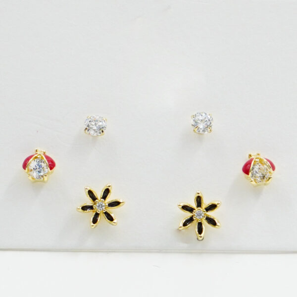 Set di Orecchini in argento fiore, coccinella, punto luce con zirconi – Dorato