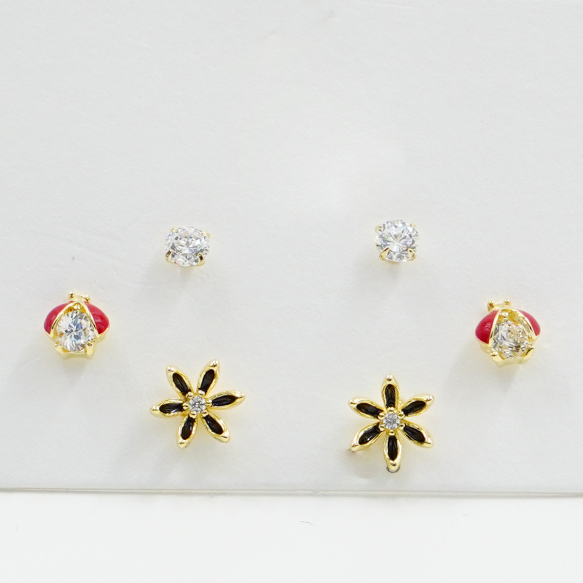 Sterling Silver Earrings Set flower, ladybug, zircon light point – Golden Color