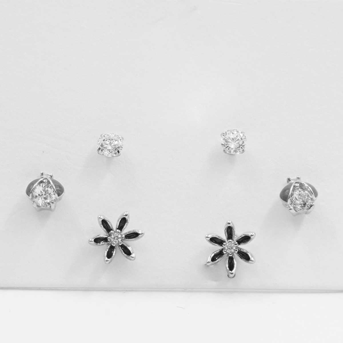 Sterling Silver Earrings Set flower, ladybug, zircon light point – Rhodium Color