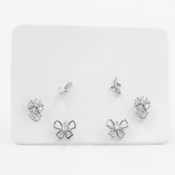 Sterling Silver Earrings Set flower, butterfly, branch with zircon – Rhodium Color
