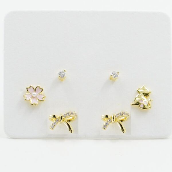 Sterling Silver Earrings Set flower, ribbon, cat, zircon light point – Golden Color