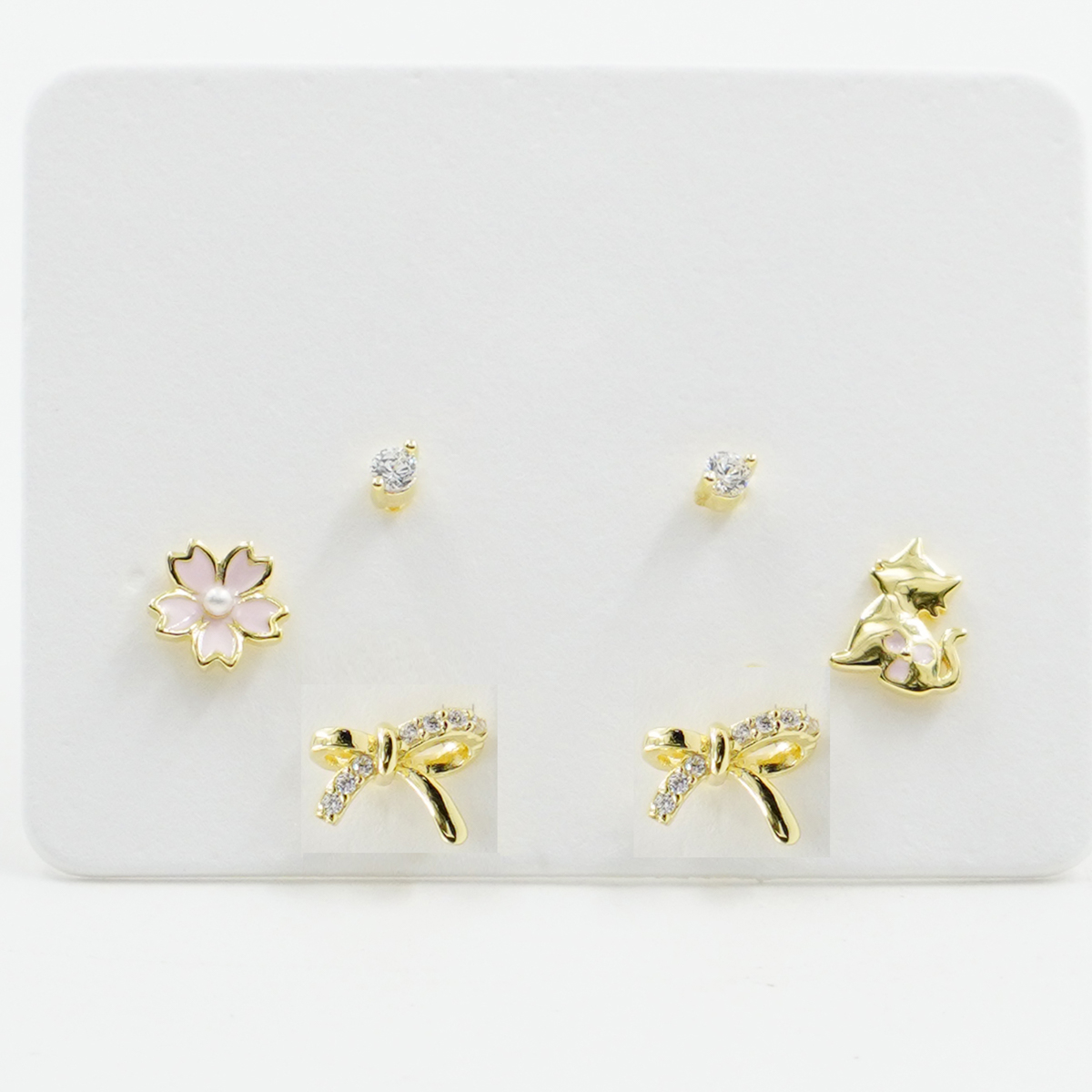 Sterling Silver Earrings Set flower, ribbon, cat, zircon light point – Golden Color