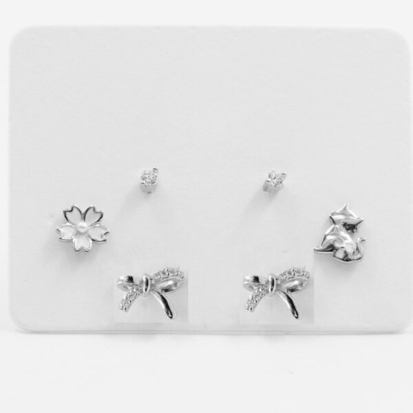 Sterling Silver Earrings Set flower, ribbon, cat, zircon light point – Rhodium Color