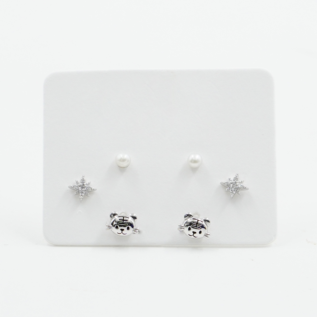 Sterling Silver Earrings Set cat, star, pearl with zircon – Rhodium Color