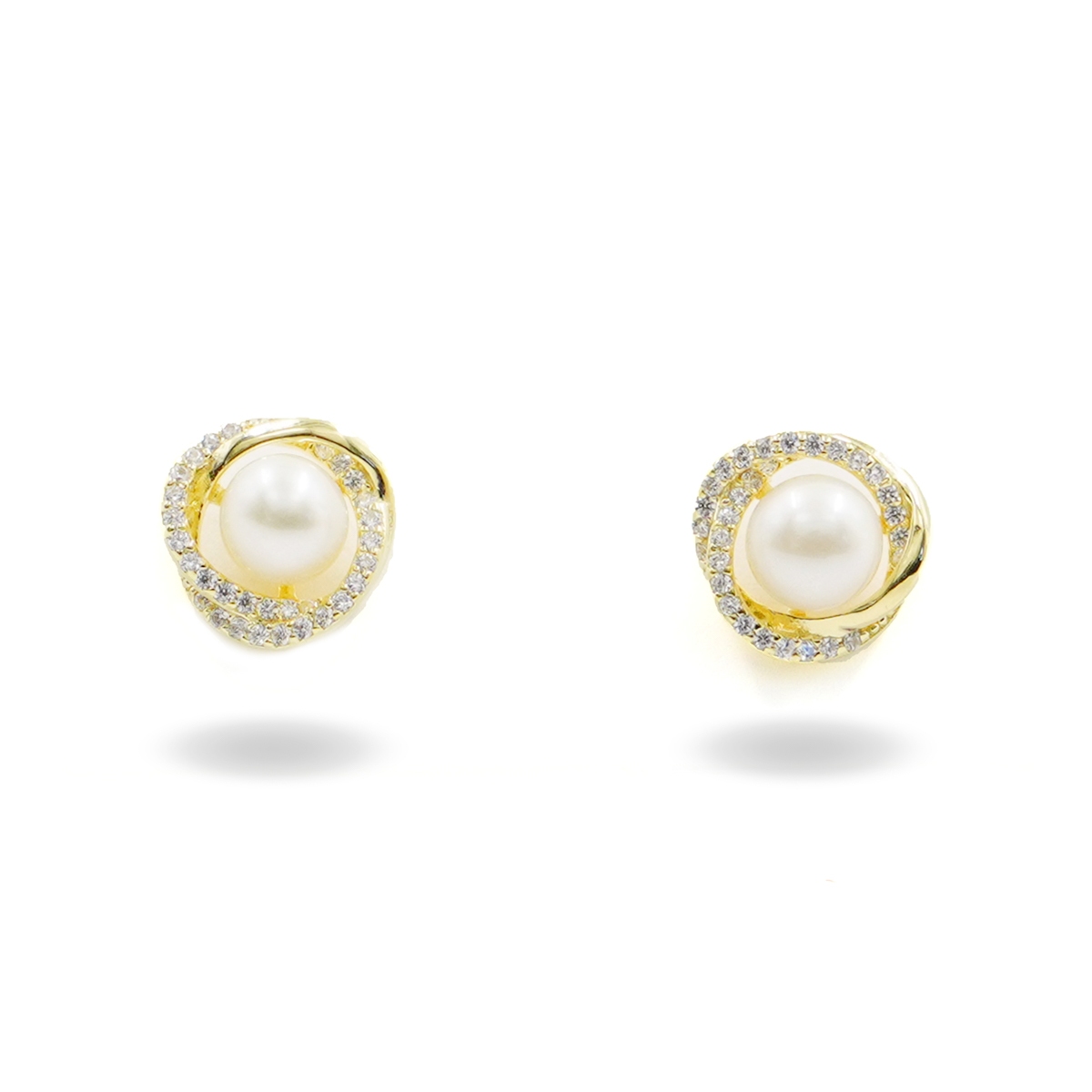 Sterling Silver Earrings curved shape with pearl and zircons – Golden Color