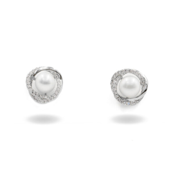 Sterling Silver Earrings curved shape with pearl and zircons - Rhodium Color