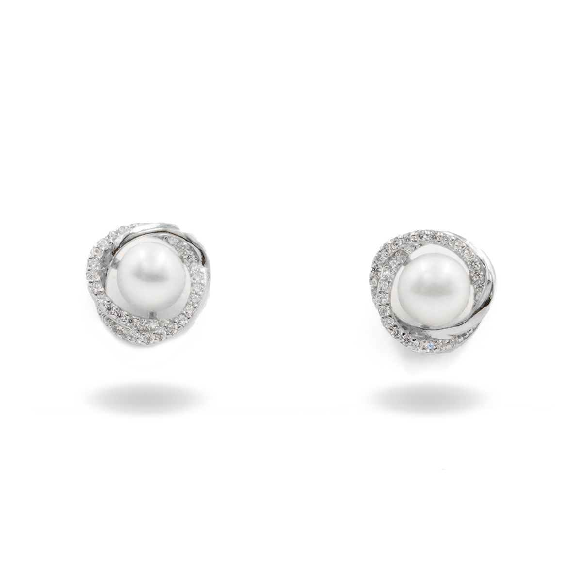 Sterling Silver Earrings curved shape with pearl and zircons - Rhodium Color