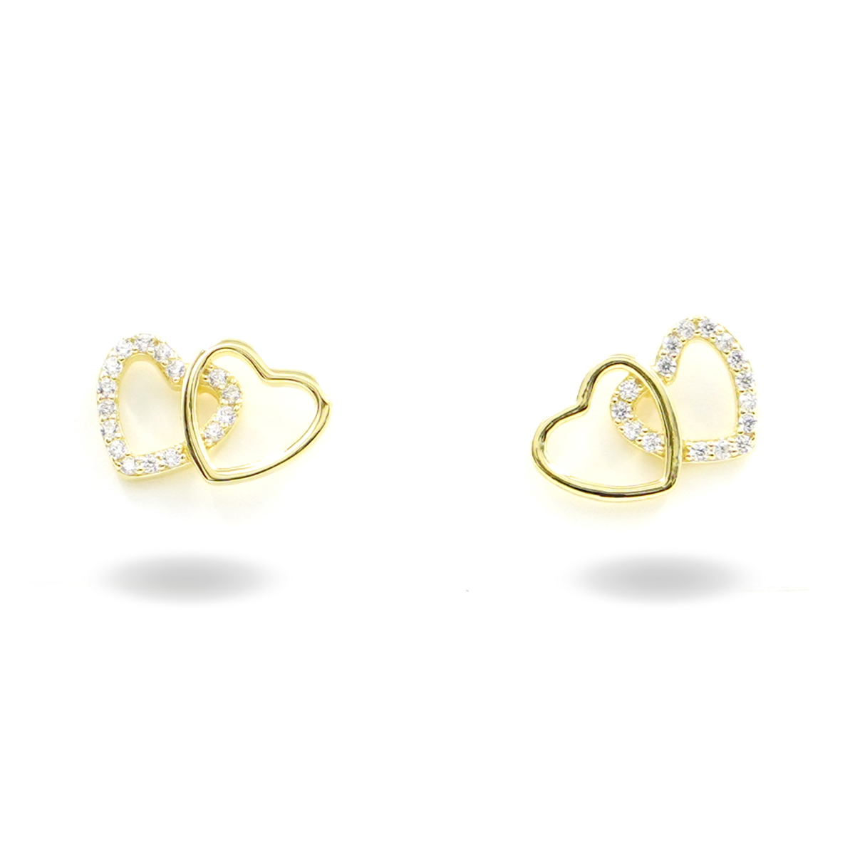 Sterling Silver Earrings double heart with zircons – Golden Color