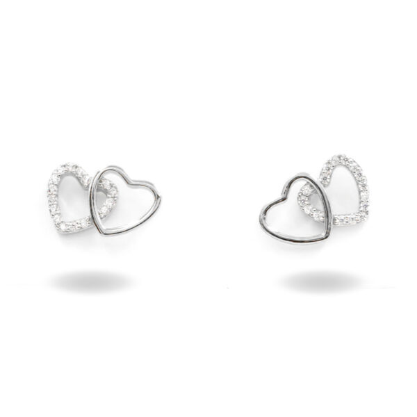 Sterling Silver Earrings double heart with zircons - Rhodium Color
