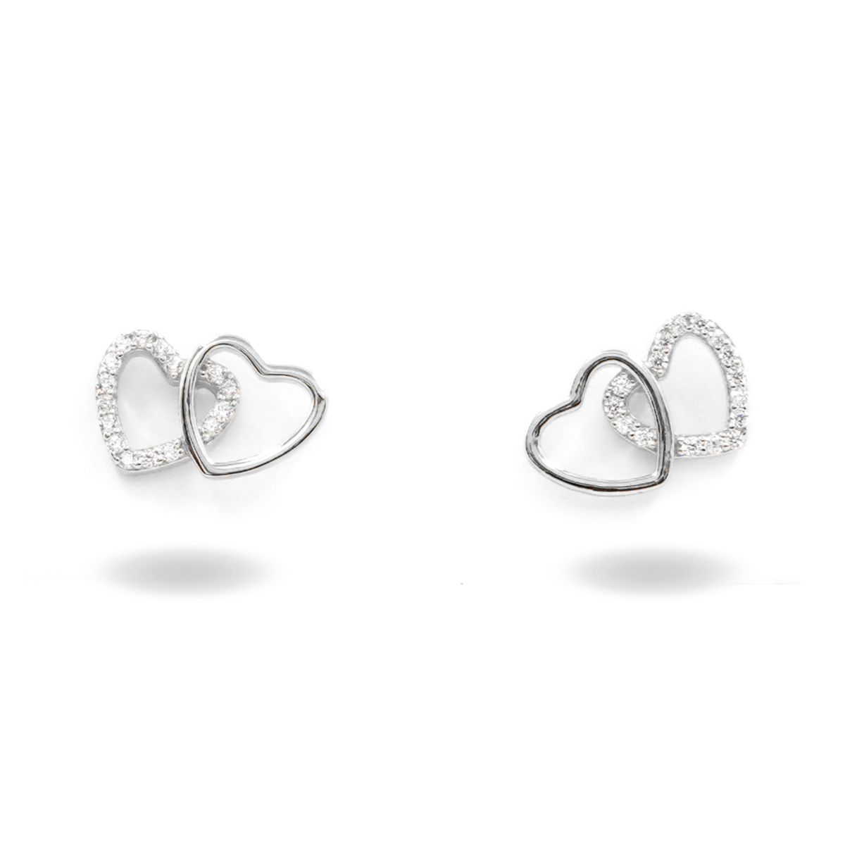 Sterling Silver Earrings double heart with zircons - Rhodium Color
