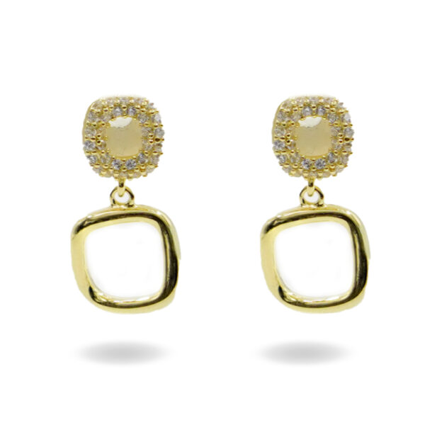 Sterling Silver Earrings double square with zircons – Golden Color