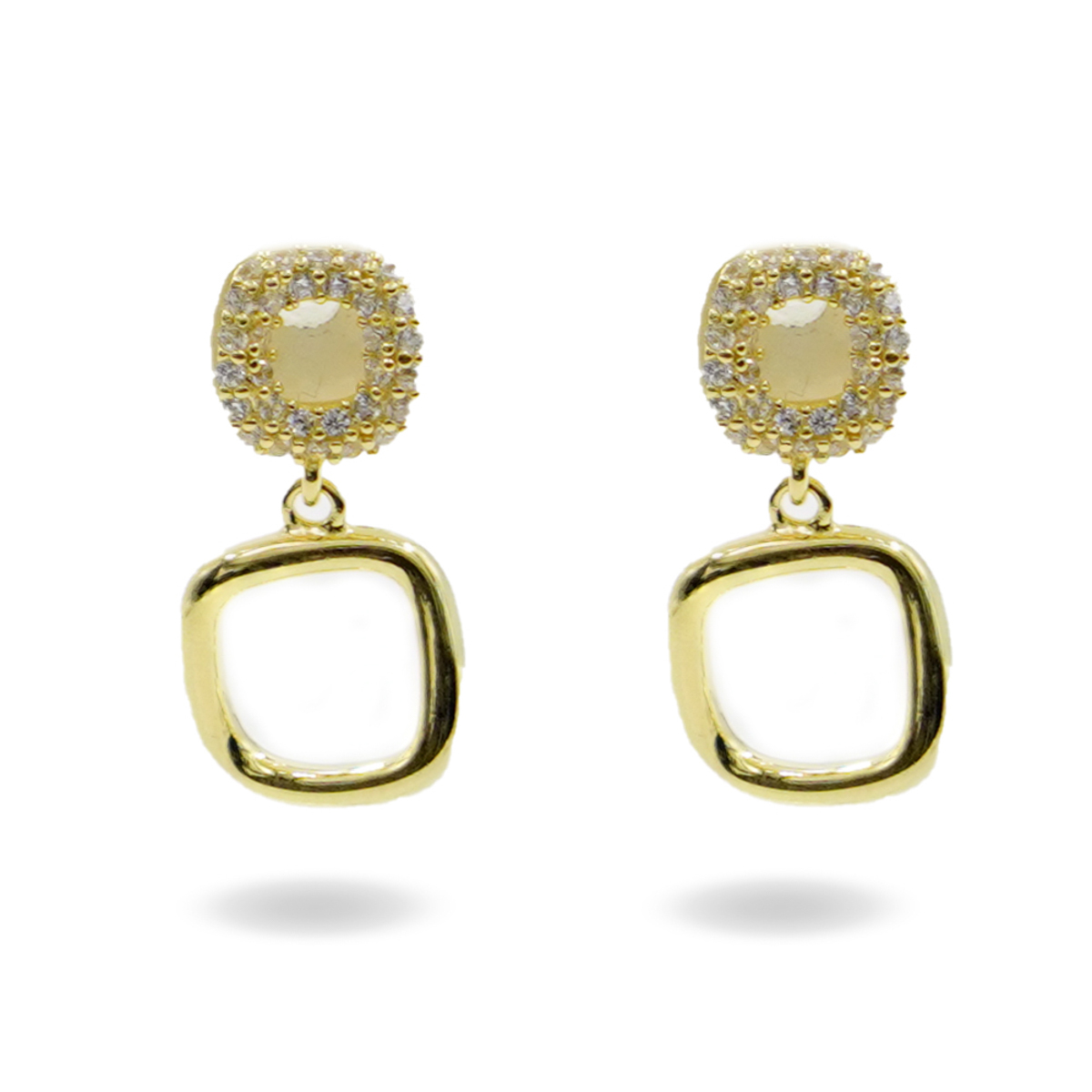 Sterling Silver Earrings double square with zircons – Golden Color