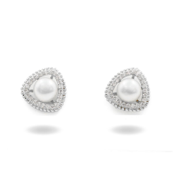 Sterling Silver Earrings triangle shape with pearl and zircons - Rhodium Color
