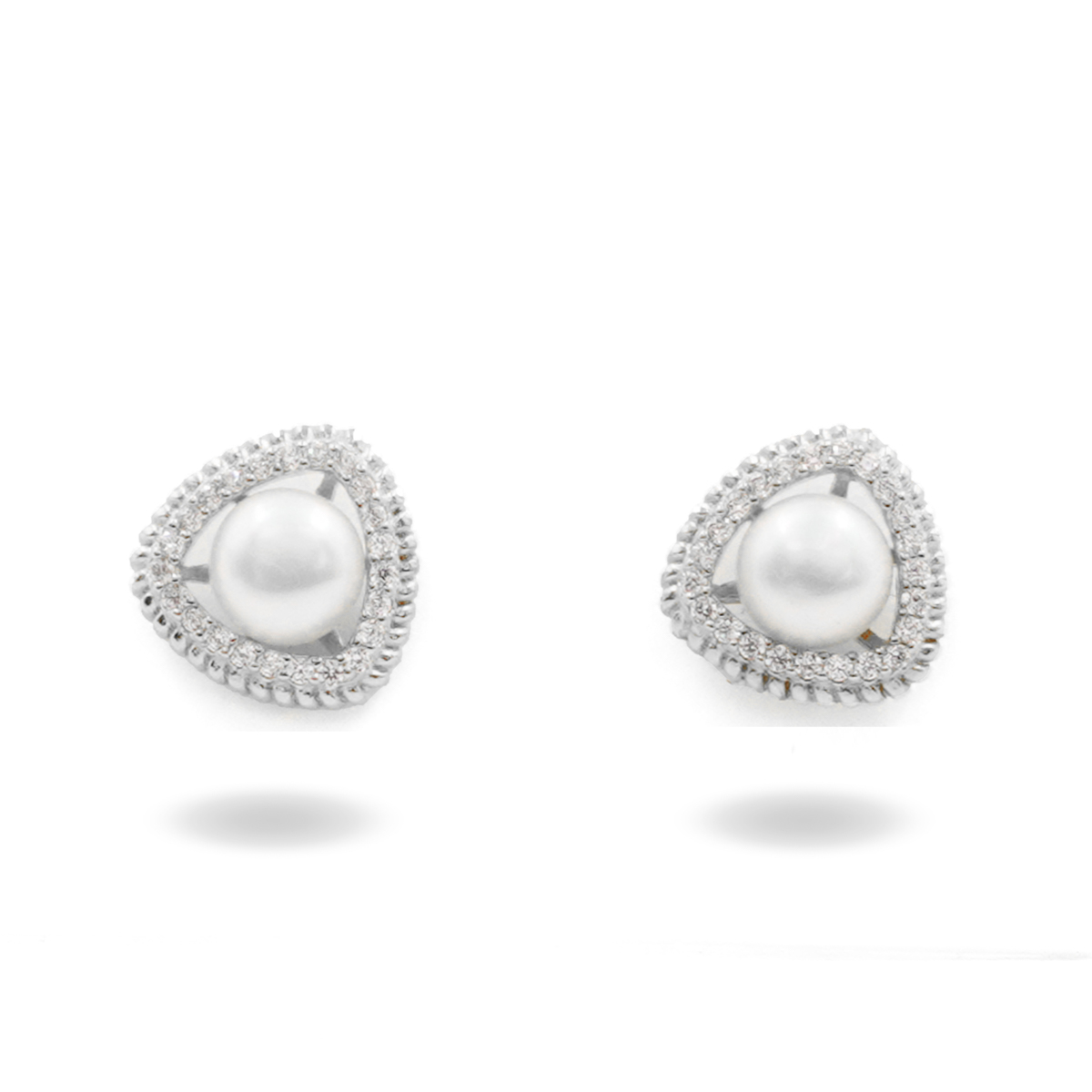 Sterling Silver Earrings triangle shape with pearl and zircons - Rhodium Color