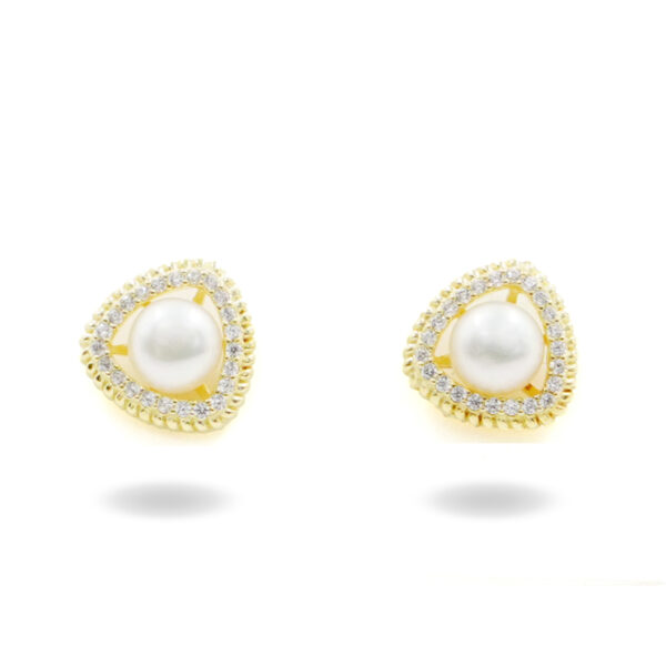 Sterling Silver Earrings triangle shape with pearl and zircons – Golden Color