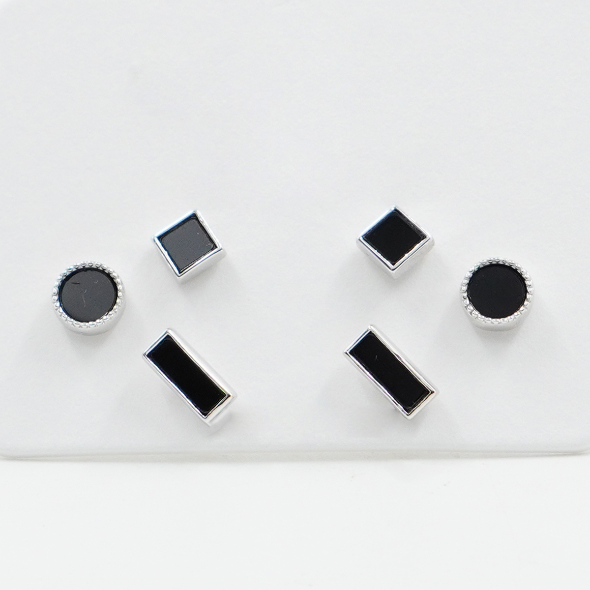 Sterling Silver Earrings Set, square, disk, rectangle with black agate – Rhodium Color