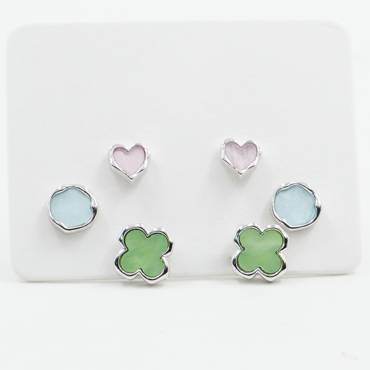 Sterling Silver Earrings Set flower, heart, mother of pearl disc – Rhodium Color