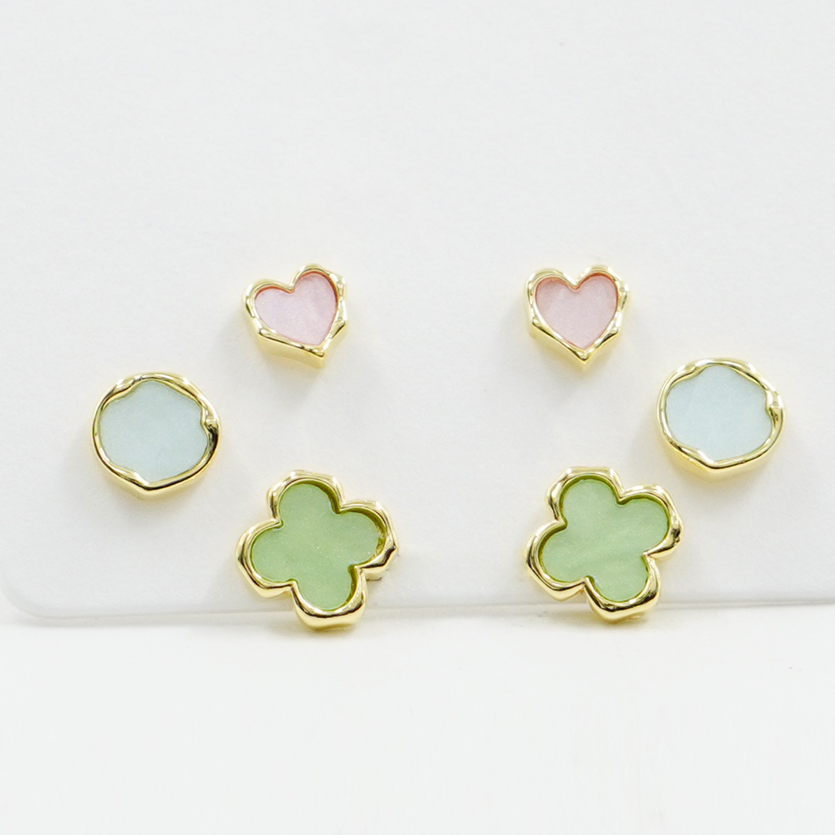 Sterling Silver Earrings Set flower, heart, mother of pearl disc – Golden Color
