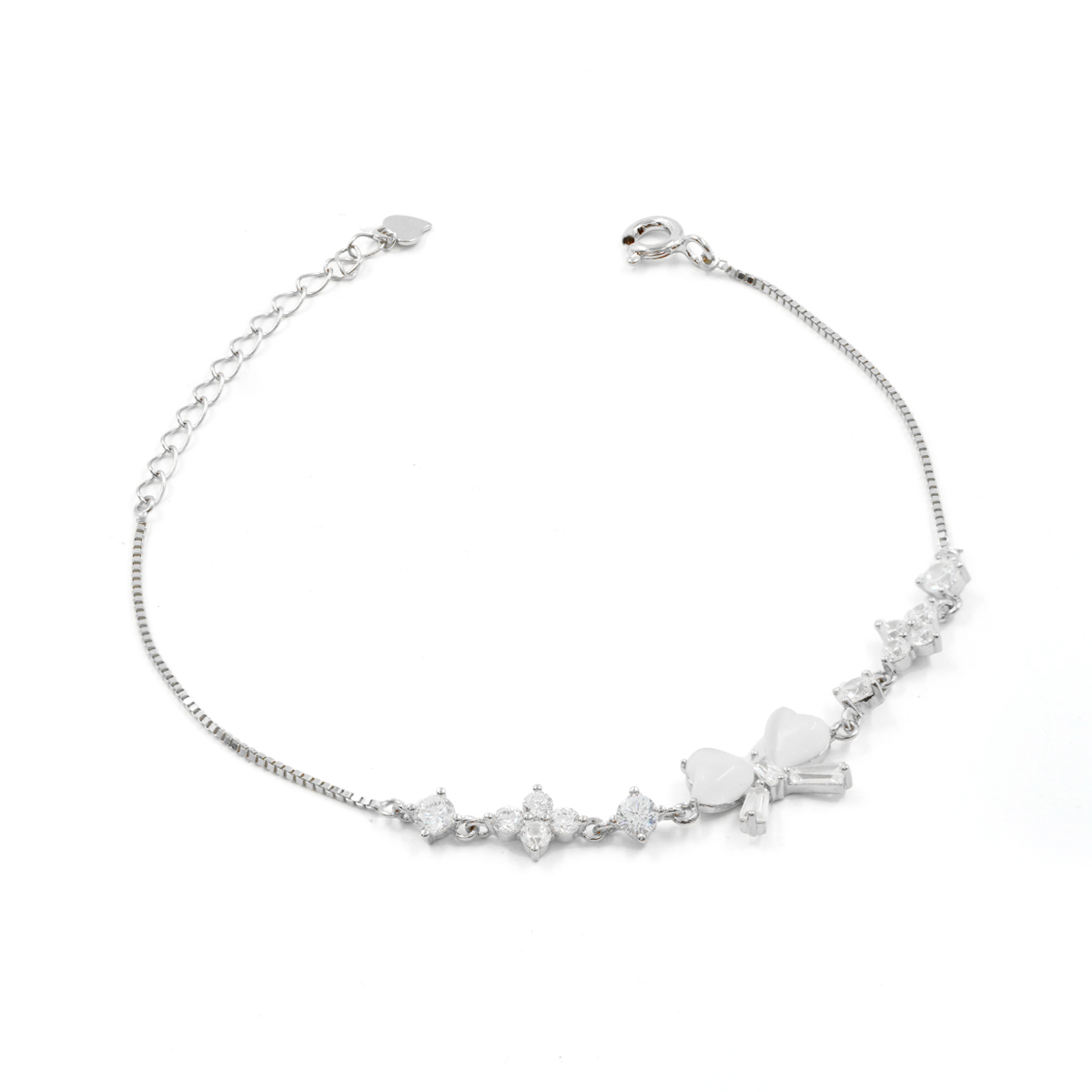 Sterling Silver bracelet with ribbon and white zircons – Rhodium Color