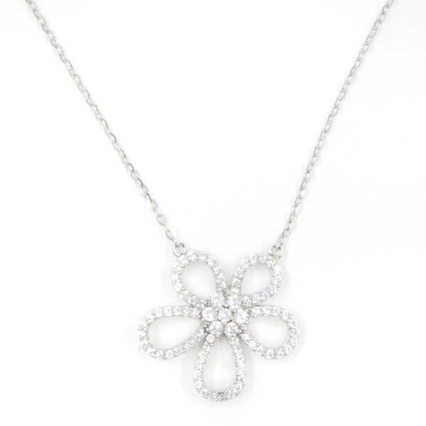 Sterling Silver Necklace with flower pendant shape with zircon – Rhodium Color