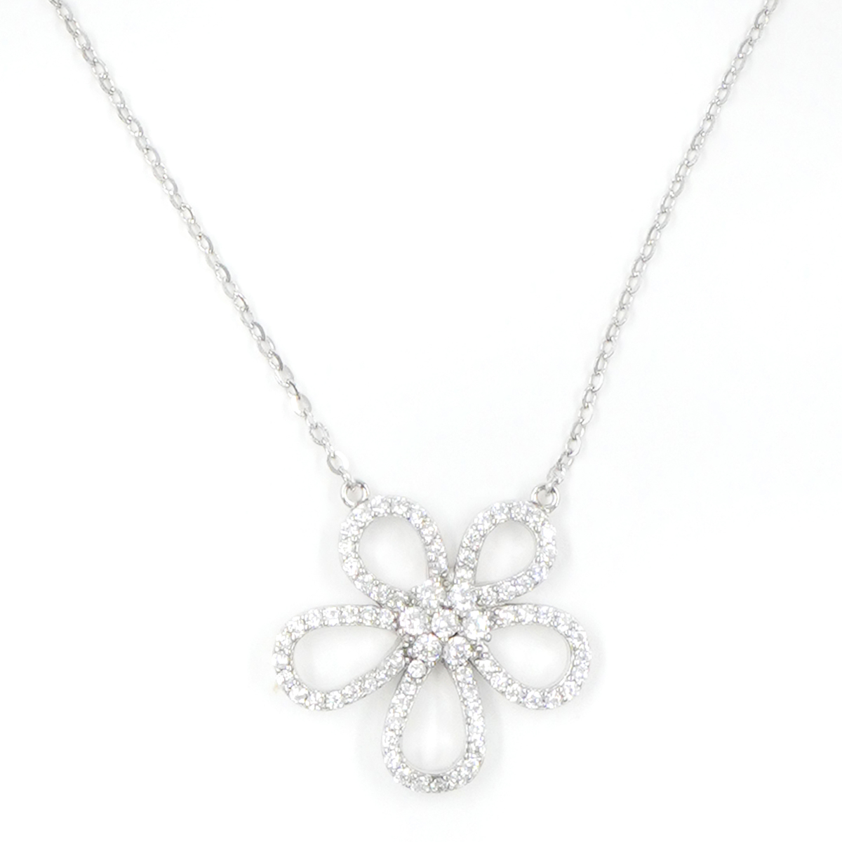 Sterling Silver Necklace with flower pendant shape with zircon – Rhodium Color