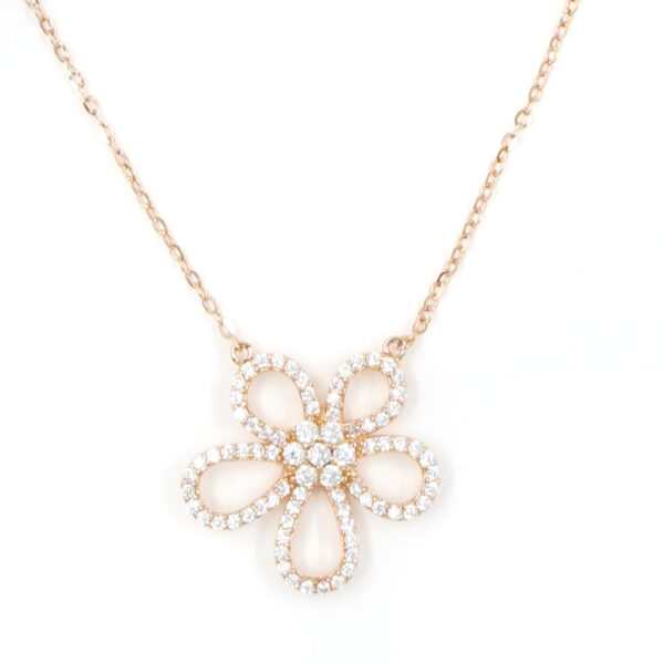 Sterling Silver Necklace with flower pendant shape with zircon – Rose Color
