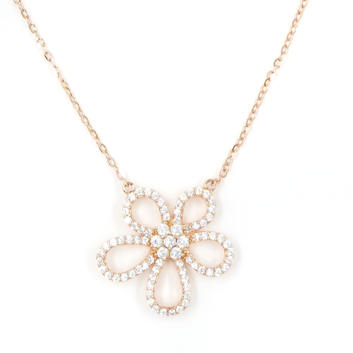 Sterling Silver Necklace with flower pendant shape with zircon – Rose Color