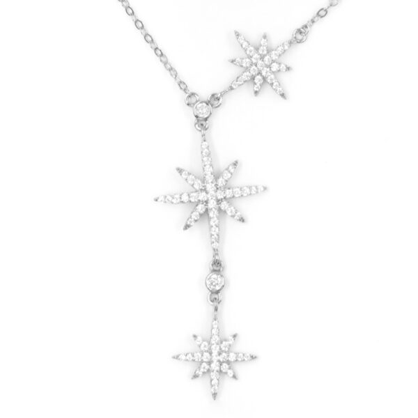 Sterling Silver Necklace with three star element with zircon – Rhodium Color