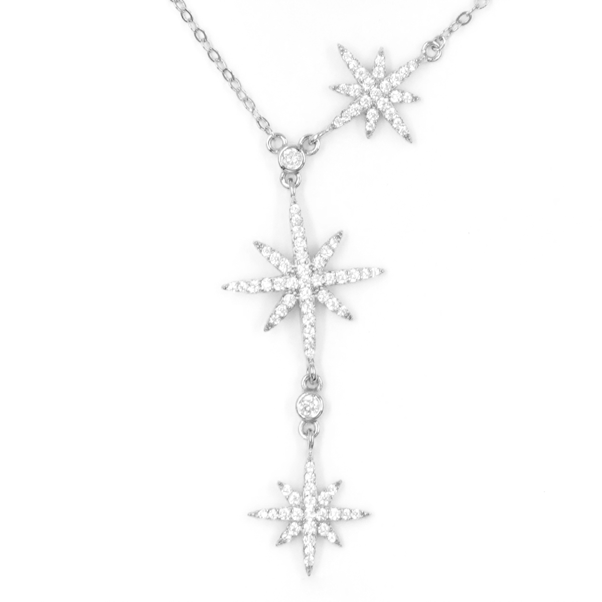 Sterling Silver Necklace with three star element with zircon – Rhodium Color