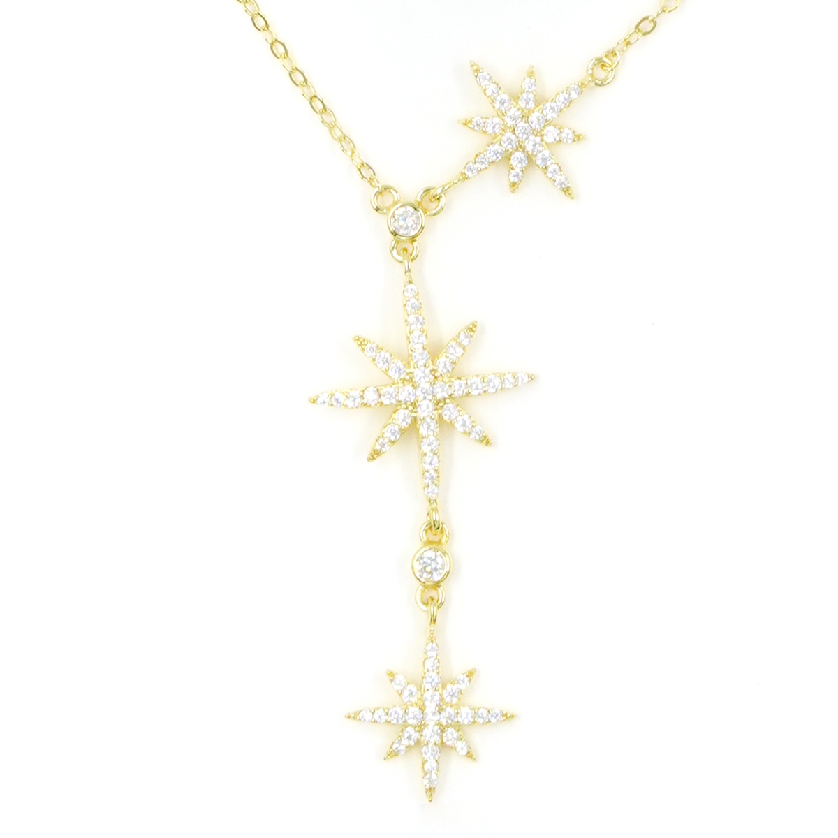 Sterling Silver Necklace with three star element with zircon – Golden Color
