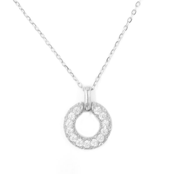 Sterling Silver Necklace with donut shape pendant with zircon – Rhodium Color