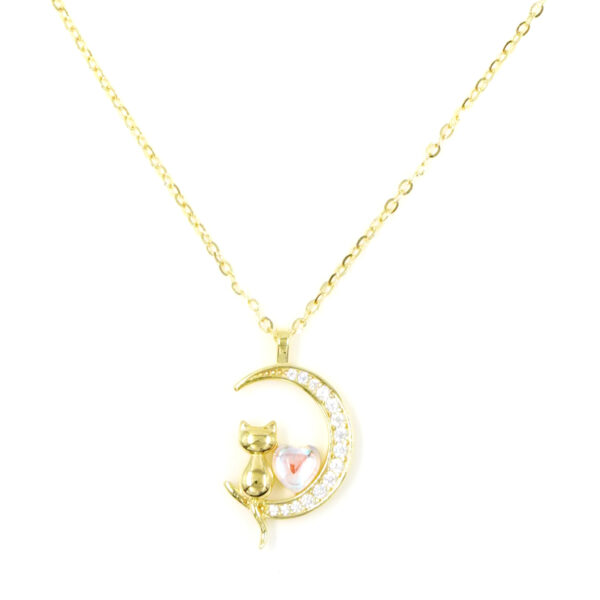 Sterling Silver Necklace with moon and cat pendant and with zircon – Golden Color