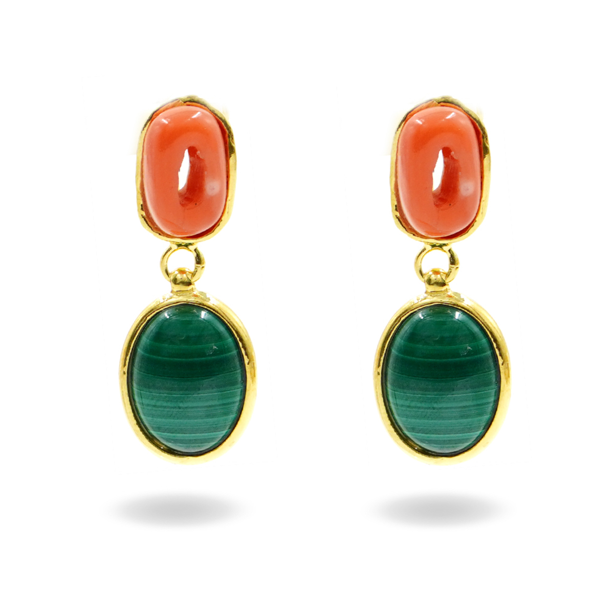 Orecchini in argento con malachite, corallo arancio - Dorato
