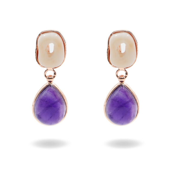 Sterling Silver Earrings with amethyst, light rose coral - Rose Color