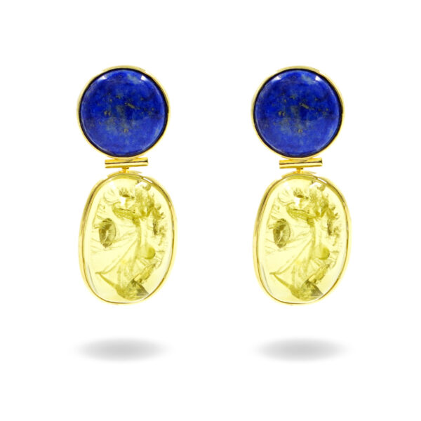 Orecchini in argento con lapis tondo, ambra colombiana verde – Dorato