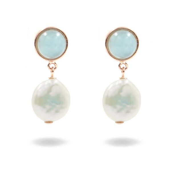 Orecchini in argento con acquamarina, perla forma moneta – Rosè