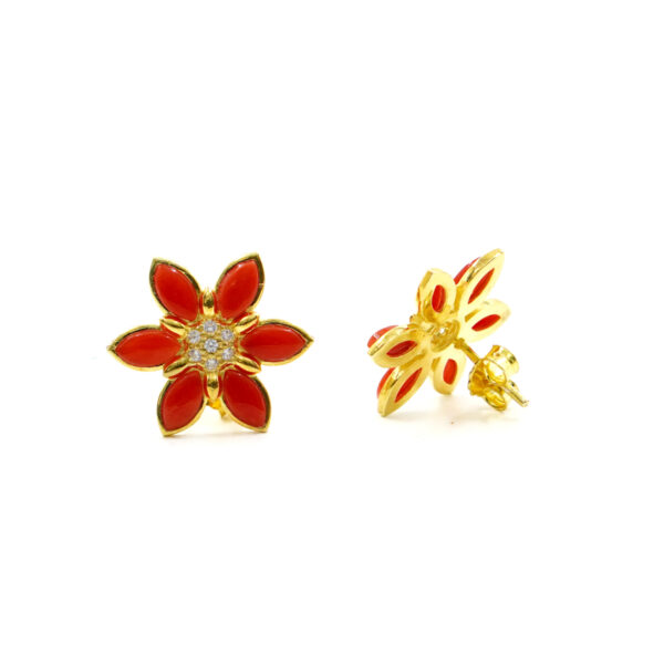 Sterling Silver Earrings with red coral petals – Golden Color
