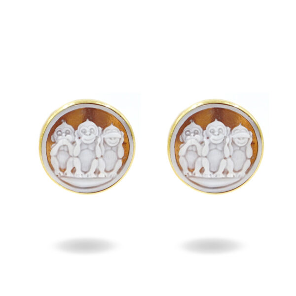 Sterling Silver Earrings with engraved shell cameo with monkey – Golden Color