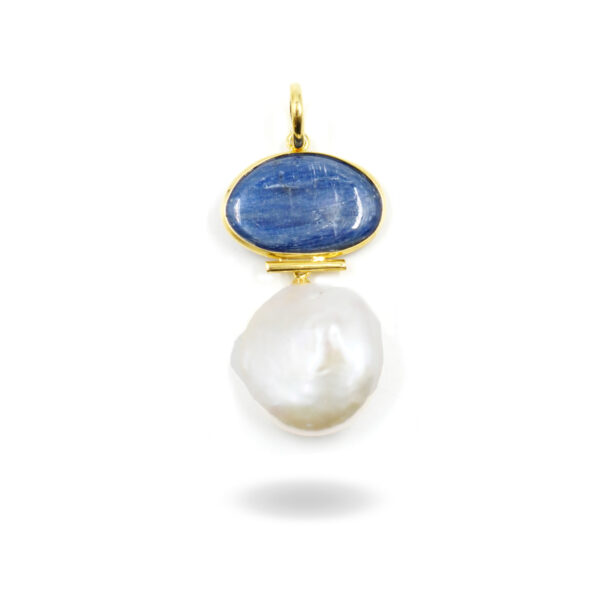 Sterling Silver Pendant with kyanite, flat baroque pearl – Golden Color