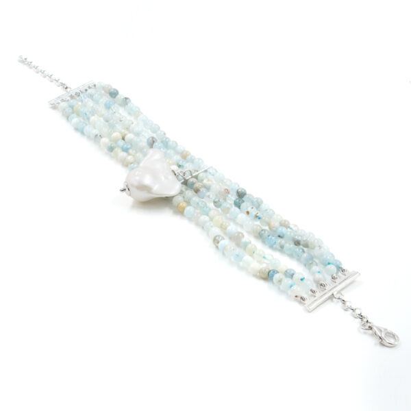 Bracelet with aquamarine, pearl, sterling silver clasp – Rhodium Color