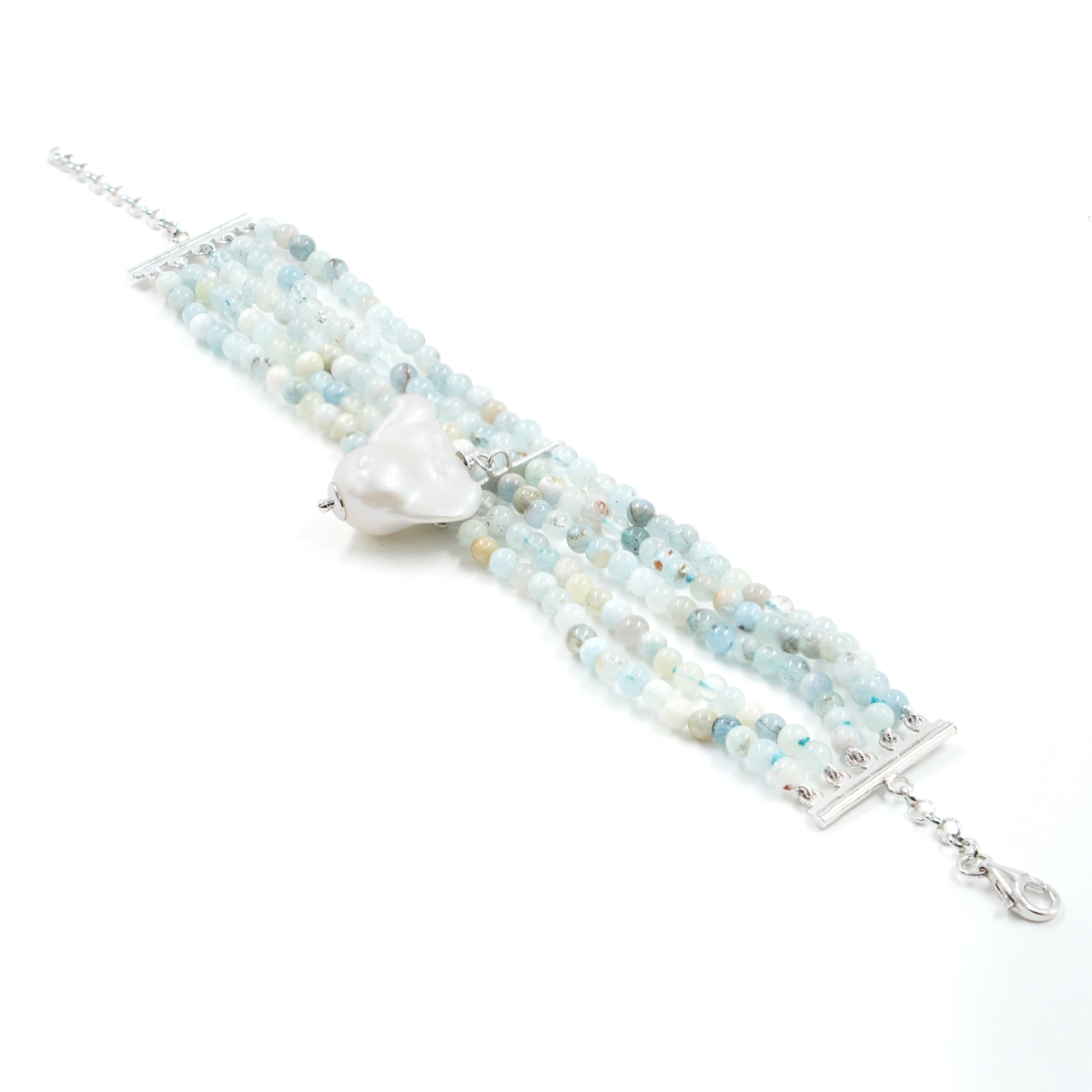 Bracciale con acquamarina, perla, chiusura in argento – Rodiato