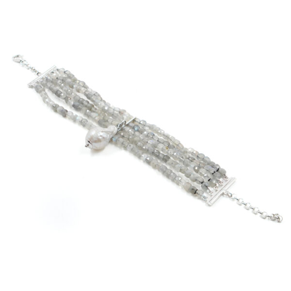 Bracelet with faceted labradorite, pearl, sterling silver clasp – Rhodium Color