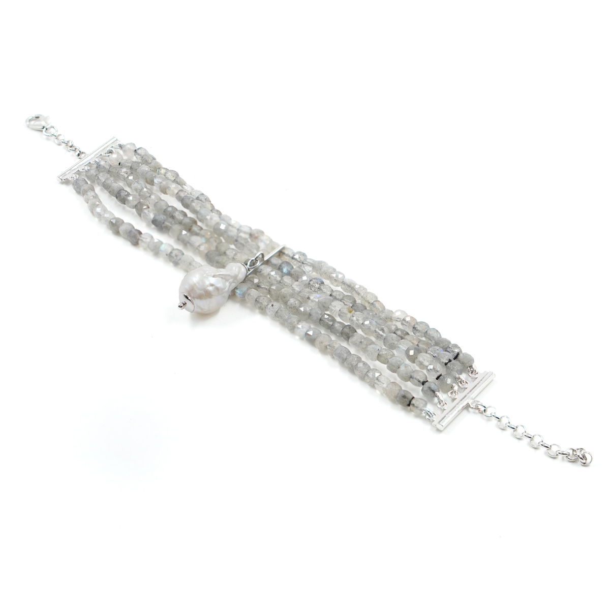 Bracciale con labradorite sfaccettata, perla, chiusura in argento – Rodiato