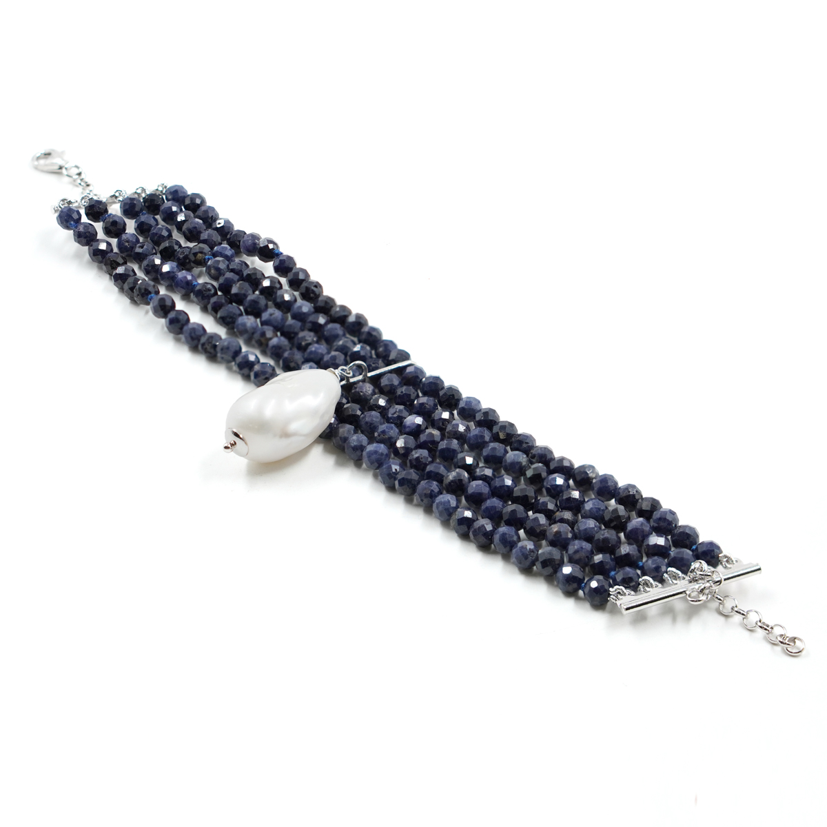 Bracciale con zaffiro, perla, chiusura in argento – Rodiato