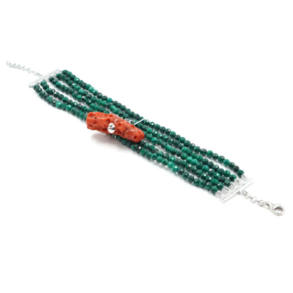 Bracelet with faceted malachite, coral cylinder, sterling silver clasp – Rhodium Color