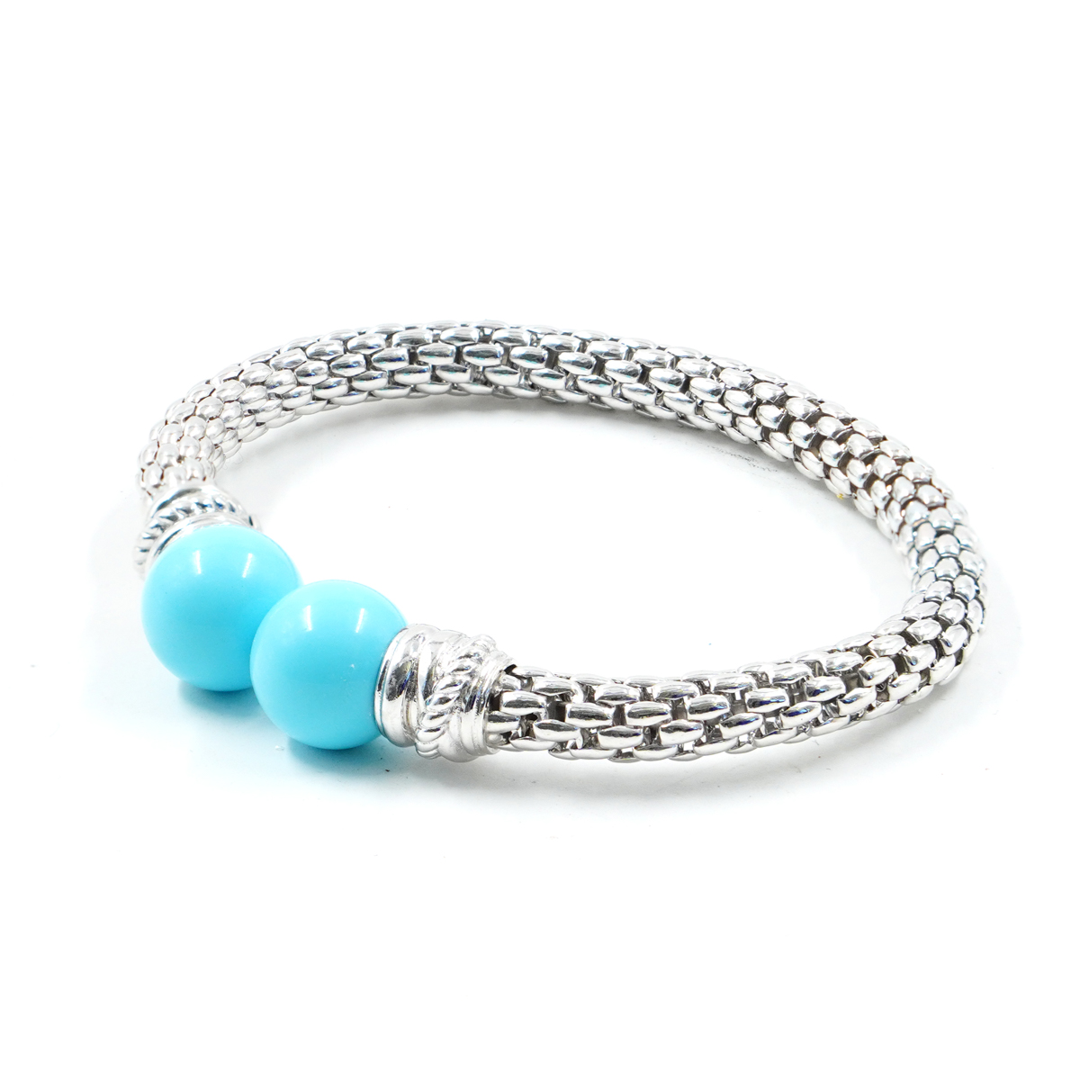 Bracciale maglia coreana in argento con sfere di pasta di turchese 12mm – Rodiato