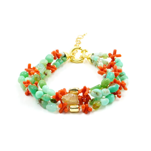 Bracelet with chrysoprase, rutilated quartz, mediterranean coral, hematite, sterling silver clasp - Golden Color