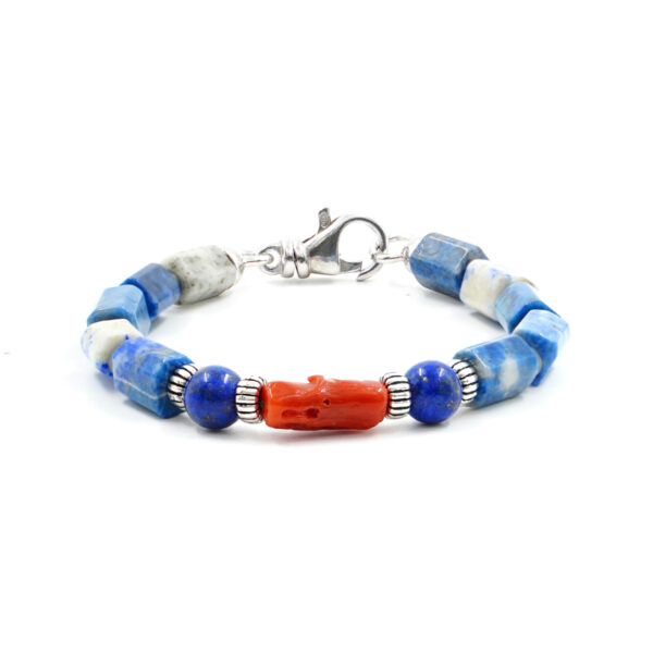 Bracelet with coral, lapis lazuli, hematite, sterling silver clasp – Rhodium Color